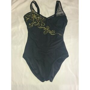 Vintage Carol Wior Slimsuit One Piece Swimsuit Black Gold Embroidery Size 16 NOS